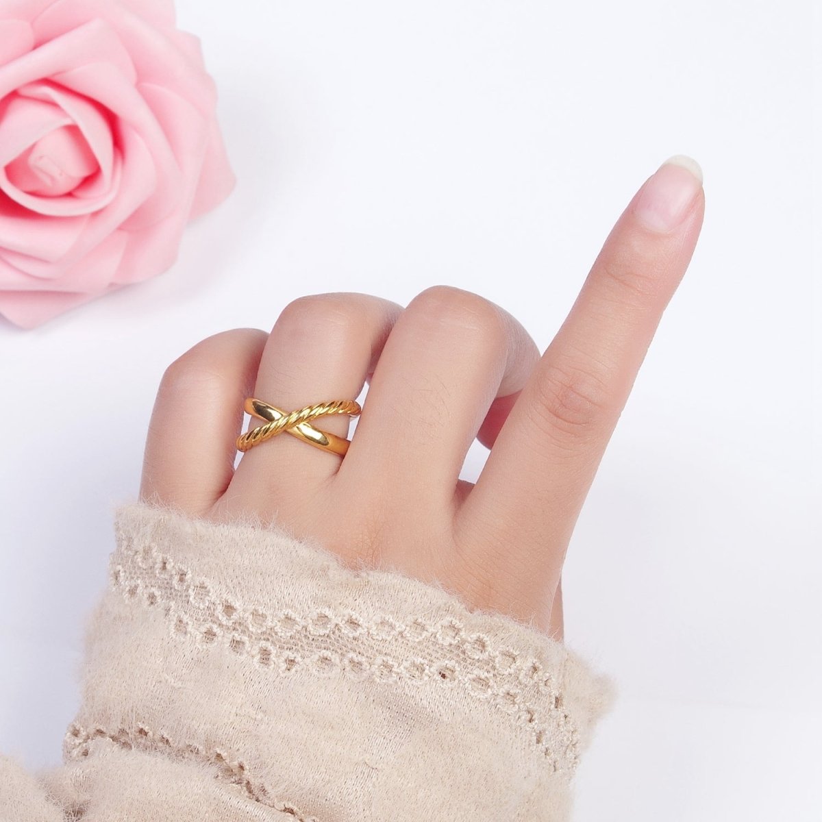 24K Gold Filled Double Band Cross Braided Twist Adjustable Gold Ring | S-371
