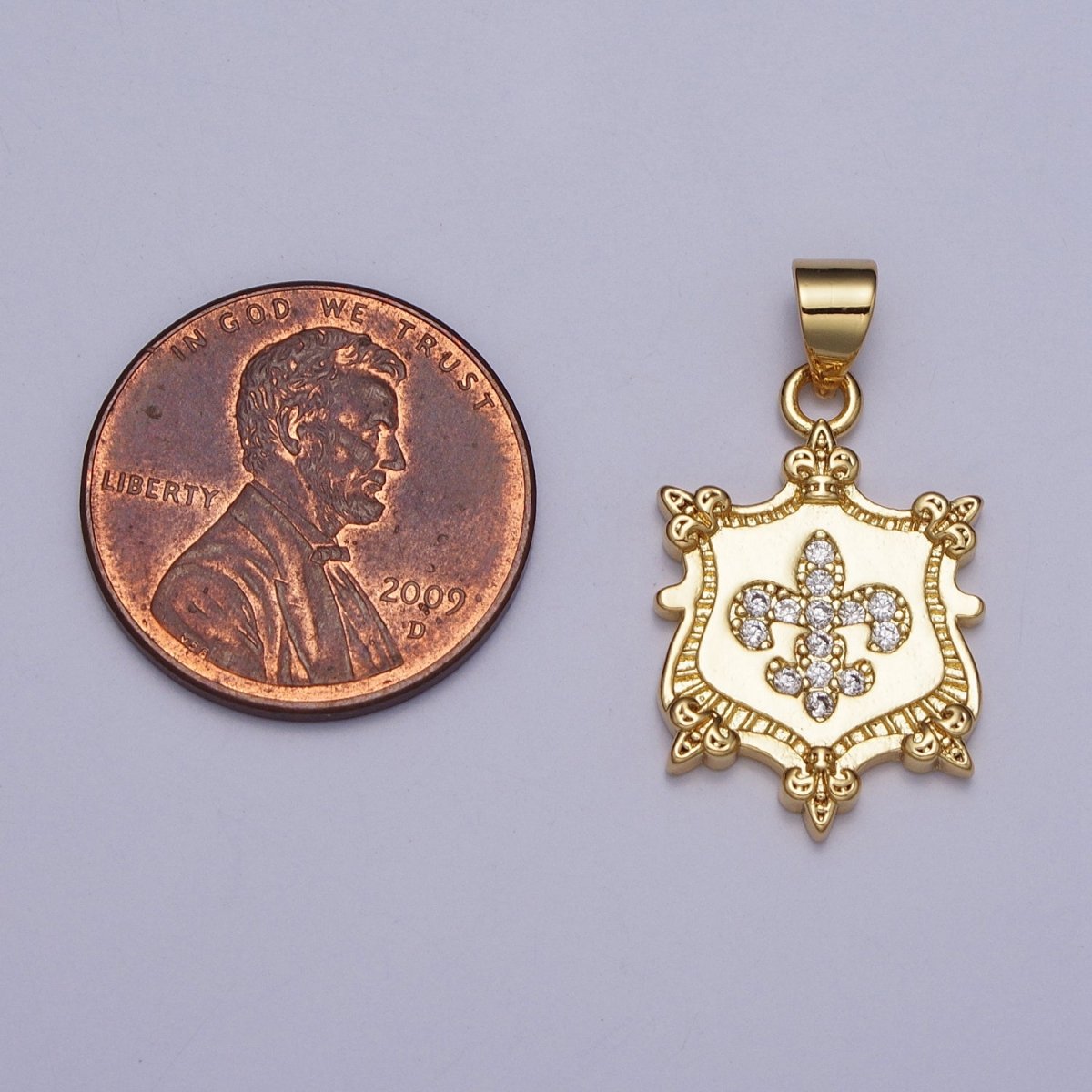 24K Gold Filled Fleur De Lis Clear Micro Paved CZ Crest Shield Pendant | AA077