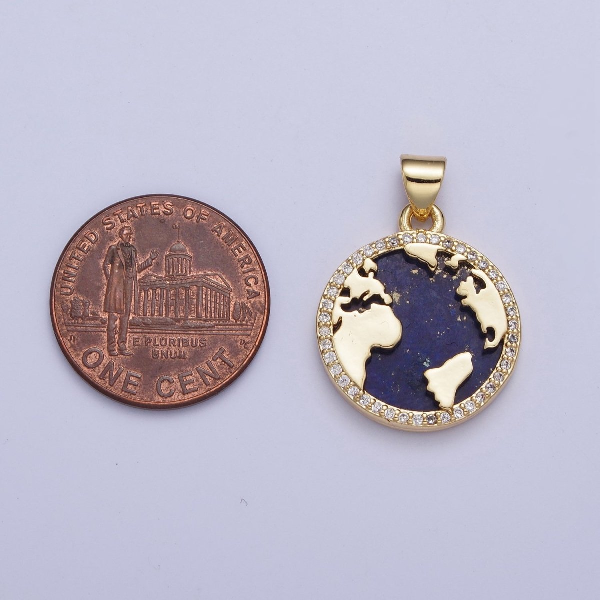 24K Gold Filled Micro Pave CZ Blue Lapiz Globe World Map Medallion Pendant For Traveler Gift X-426