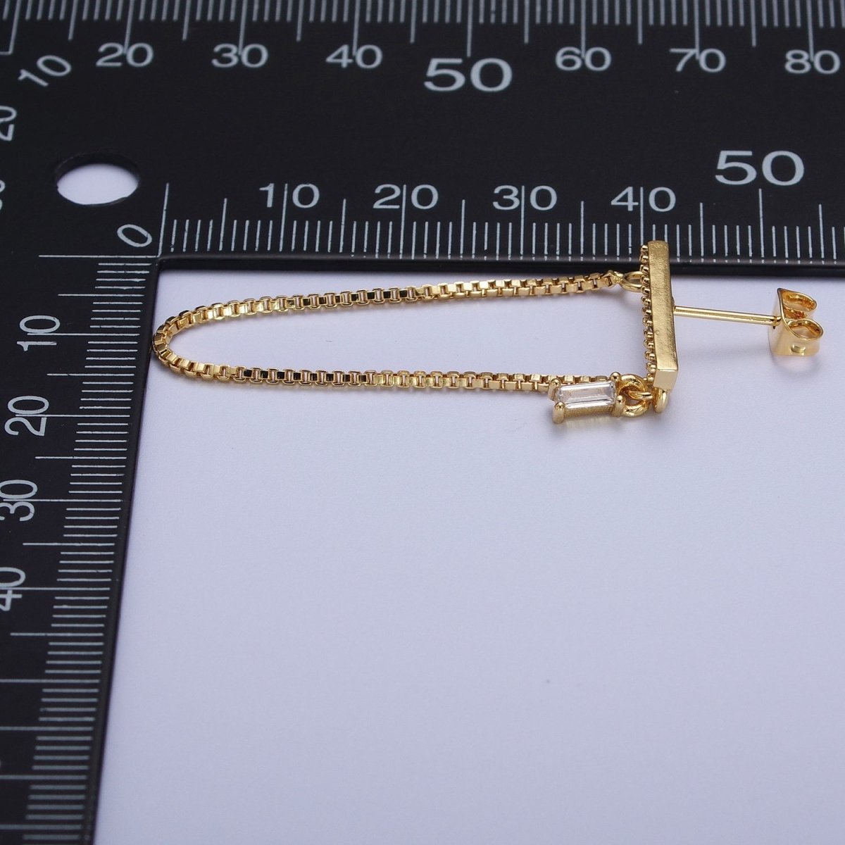 24K Gold Filled Micro Paved Bar And Box Chain Drape Baguette CZ Stud Earrings | AD-206