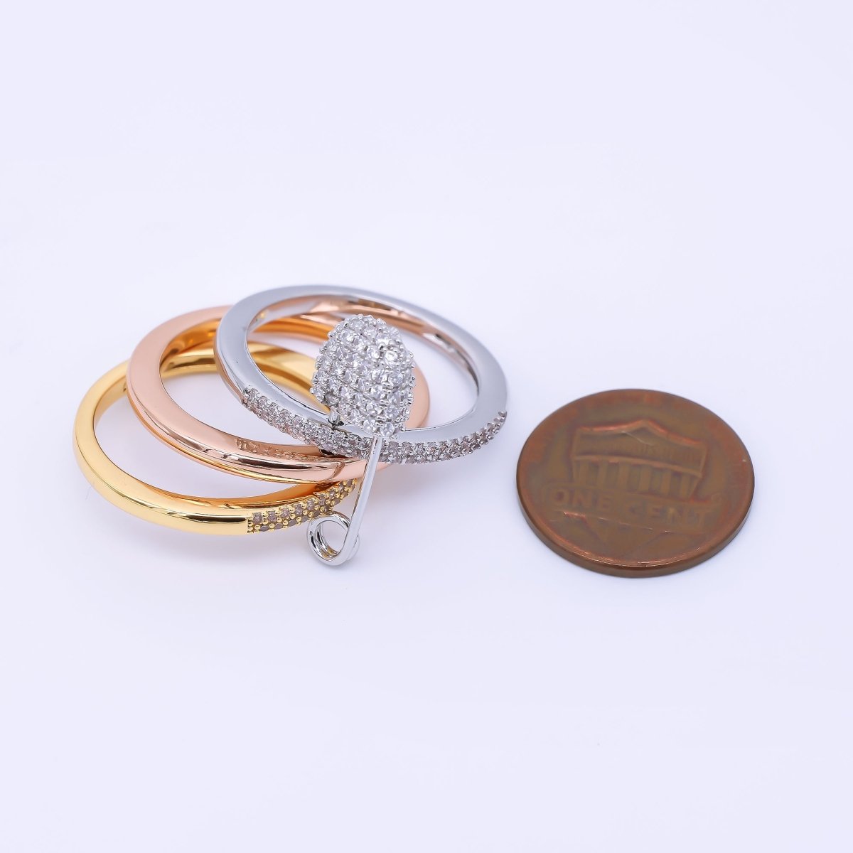 24K Gold Filled Micro Paved CZ Safety Pin Interlocked Mixed Metal Rings | O1062 - O1161
