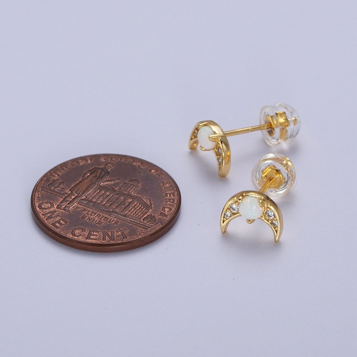 24K Gold Filled Mini White Opal Micro Paved CZ Crescent Moon Stud Earrings | AD-225