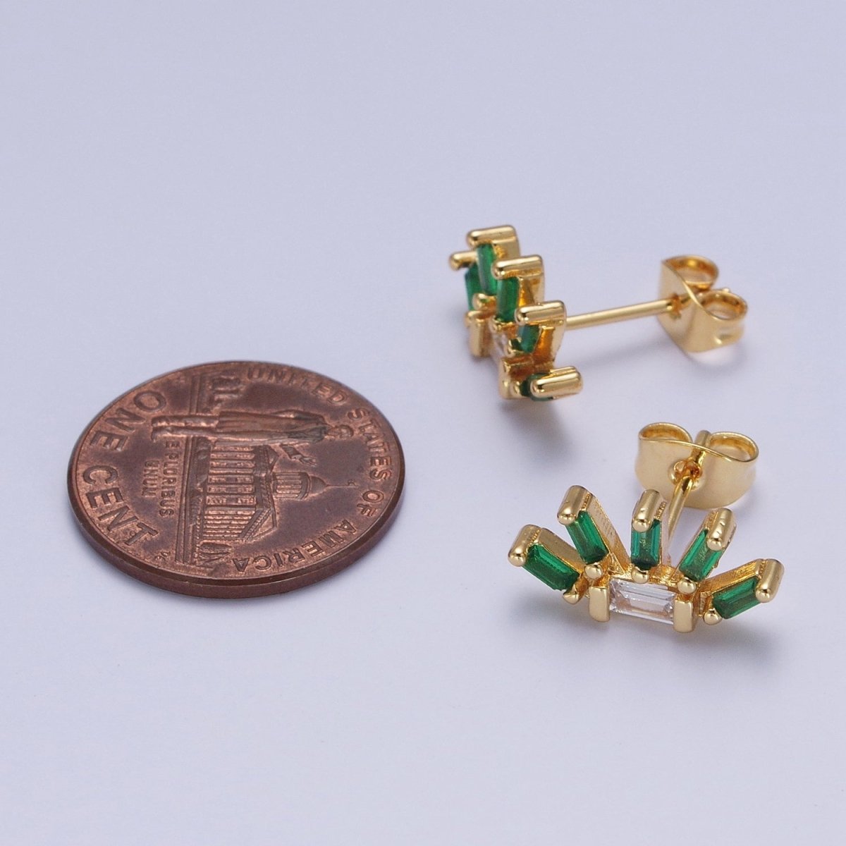 24K Gold Filled Multiple Green & Clear Baguette Cubic Zirconia Plant Flower Stud Earrings | AD-513