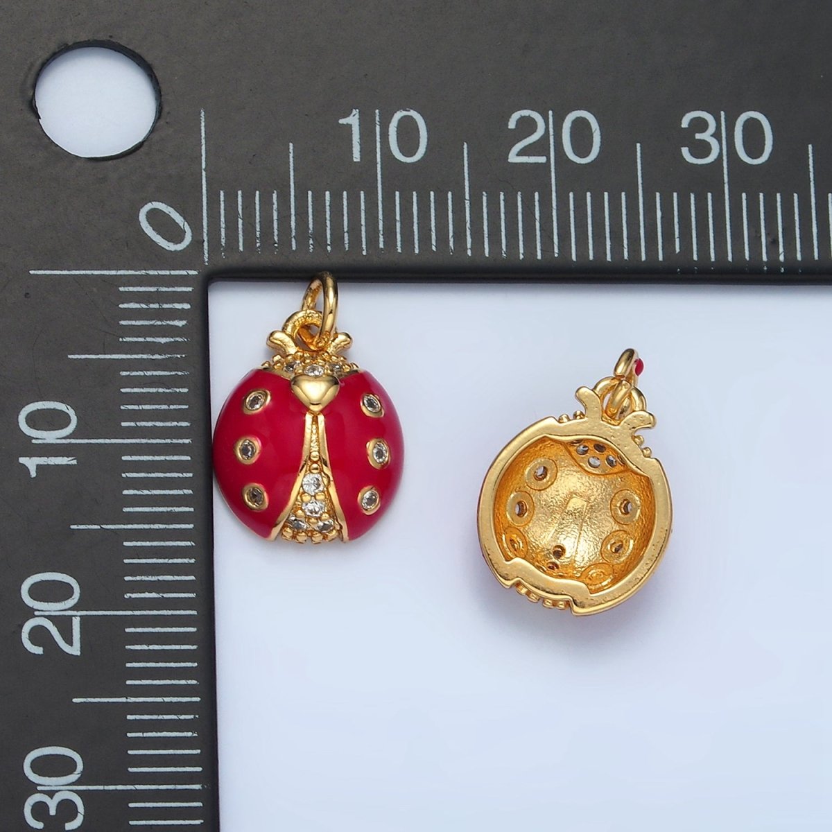 24K Gold Filled Red and Pink Enamel CZ Micro Paved Ladybug Insect Animal Charm | AG-622