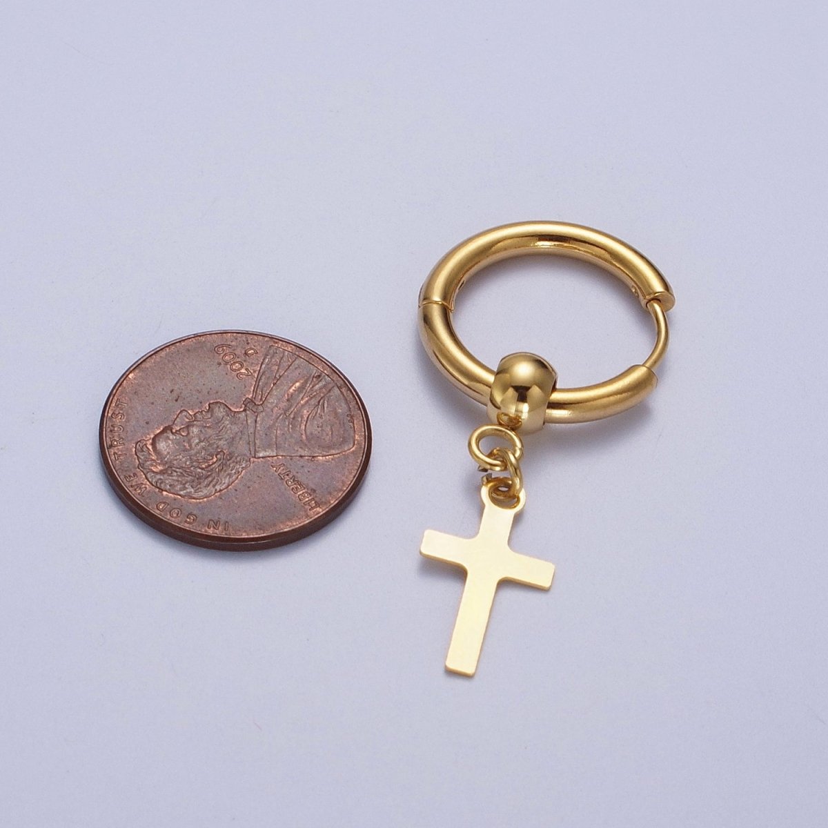 24K Gold Filled Religious Cross 18mm Huggie Drop Earrings Hoops | AD-177