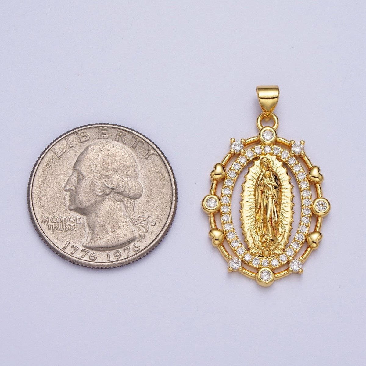 24K Gold Filled Religious Oval Micro Paved Mother Virgin Mary Heart Round Cubic Zirconia CZ Pendant For Jewelry Making H-013