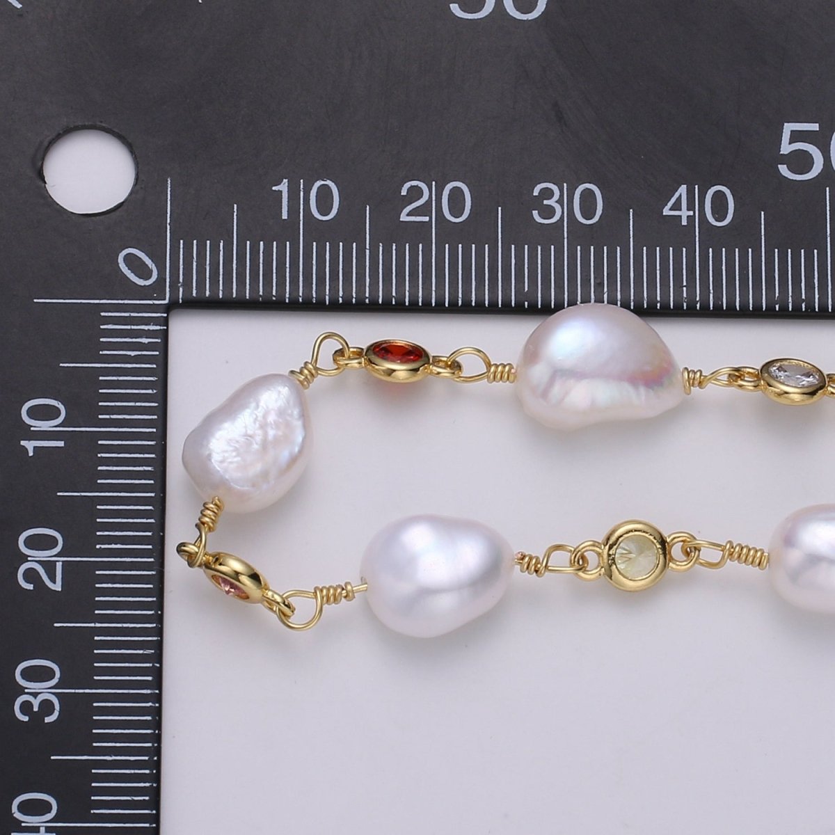 24K Gold Filled Rosary Chain with Baroque Fresh Water Pearl Charm Chain Sold By Yard with Multi Color CZ Bezel Cut For Necklace Component Supply | ROLL-448 ROLL-456 ROLL-457 Clearance Pricing