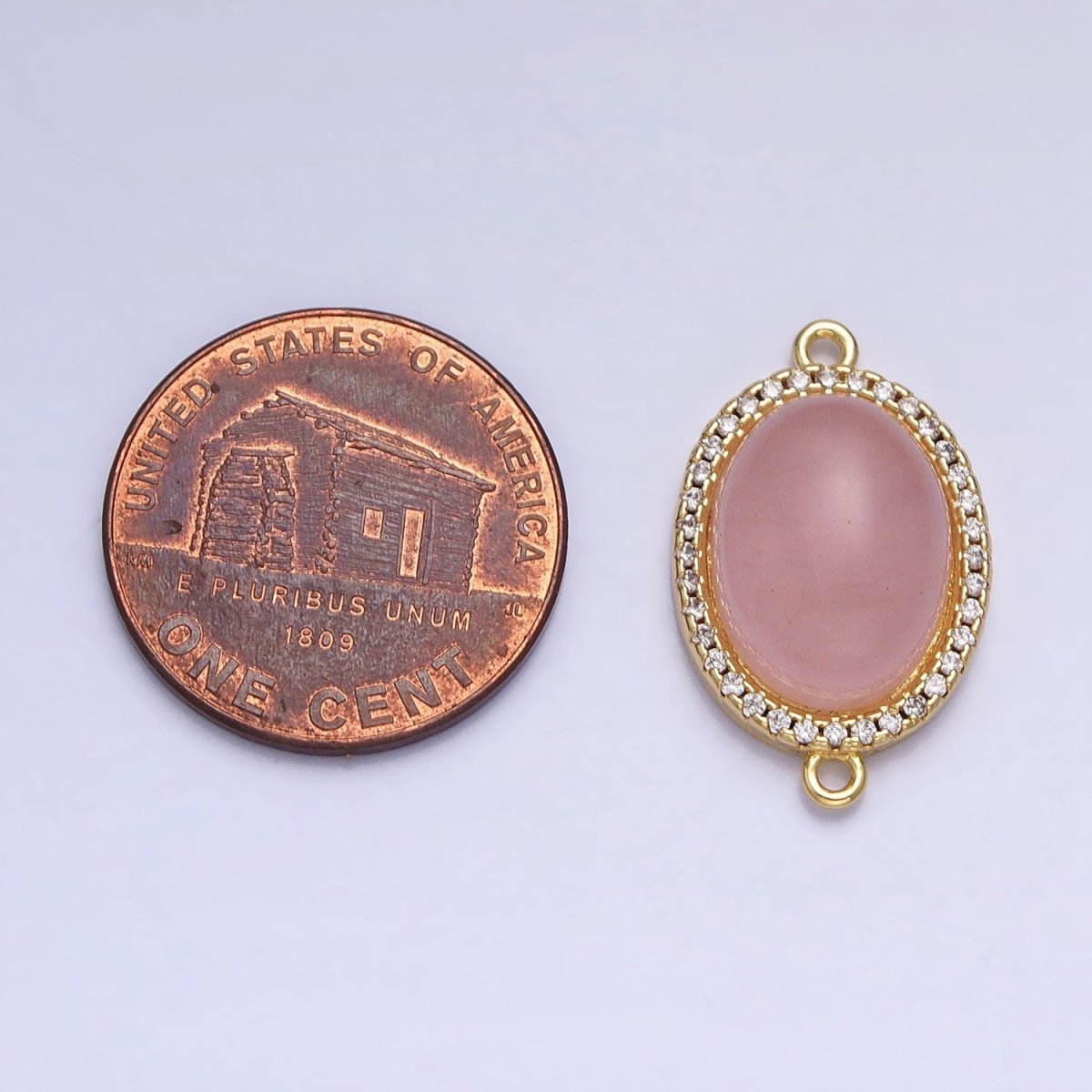 24K Gold Filled Rose Quartz Natural Gemstone Micro Paved CZ Oval Connector | Y-793