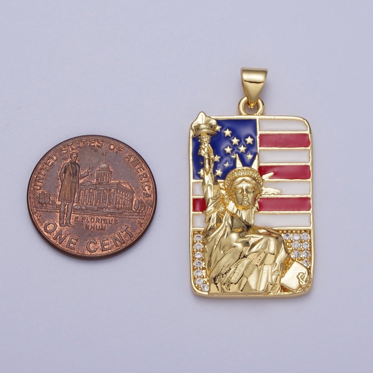 24K Gold Filled Statue of Liberty American Flag Enamel Micro Paved Tag Pendant I-281