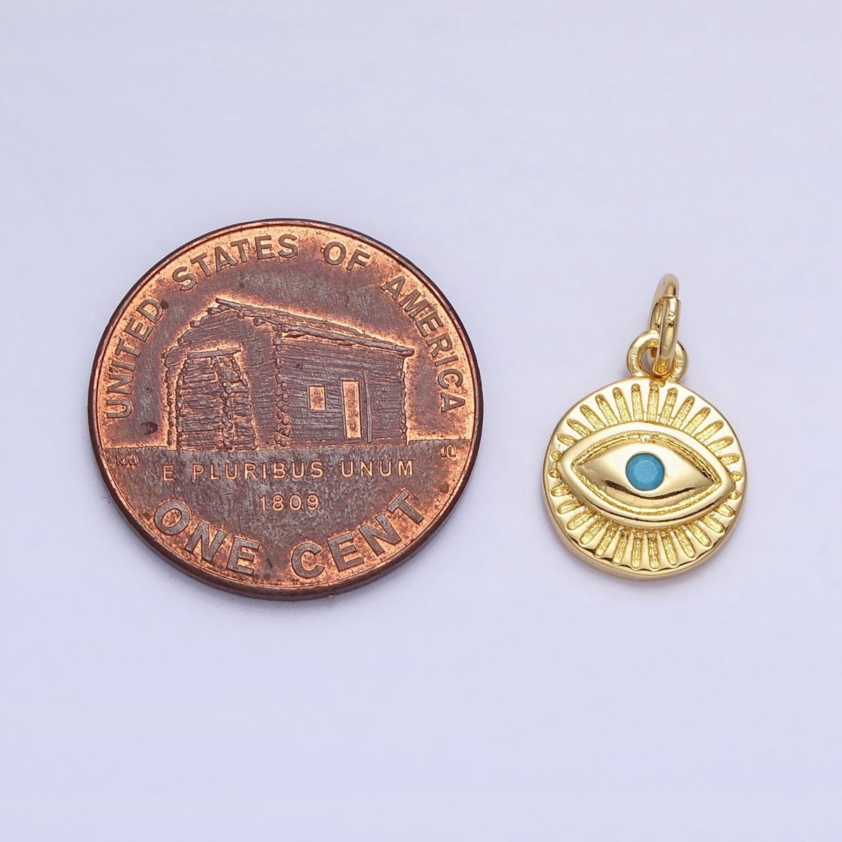 24K Gold Filled Turquoise Evil Eye Sun Bam Lined Round Charm | AC450