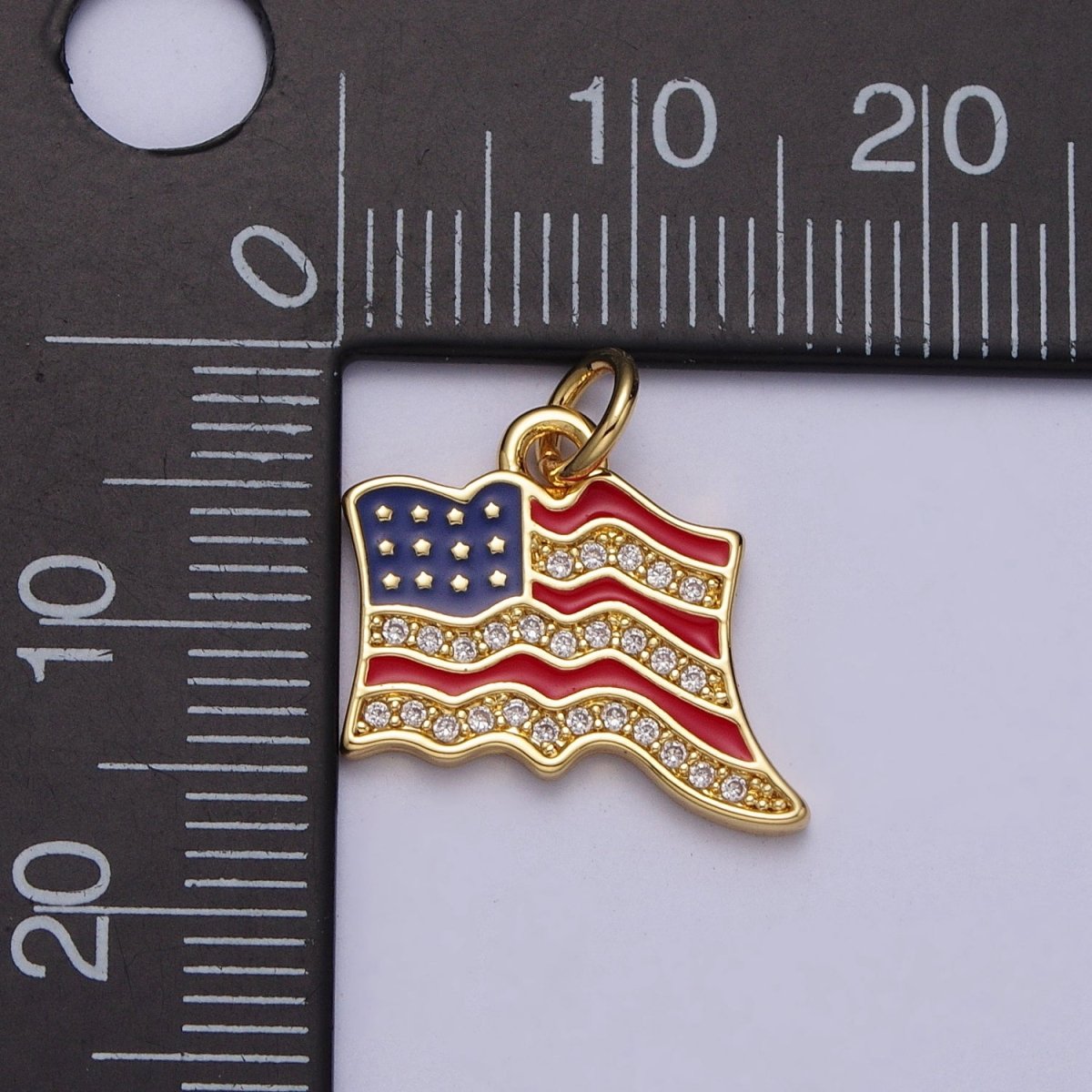 24K Gold Filled USA Independence American Flag Micro Paved CZ Enamel Charm E-443