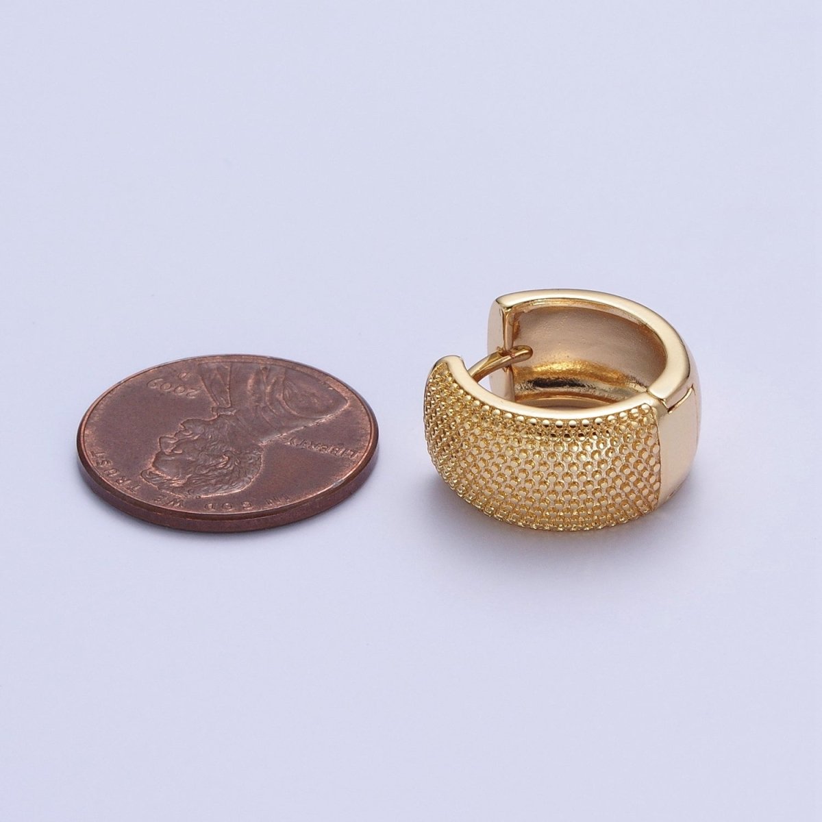 24K Gold Filled Wide Textured Dotted Huggie Hoop Earring T-187