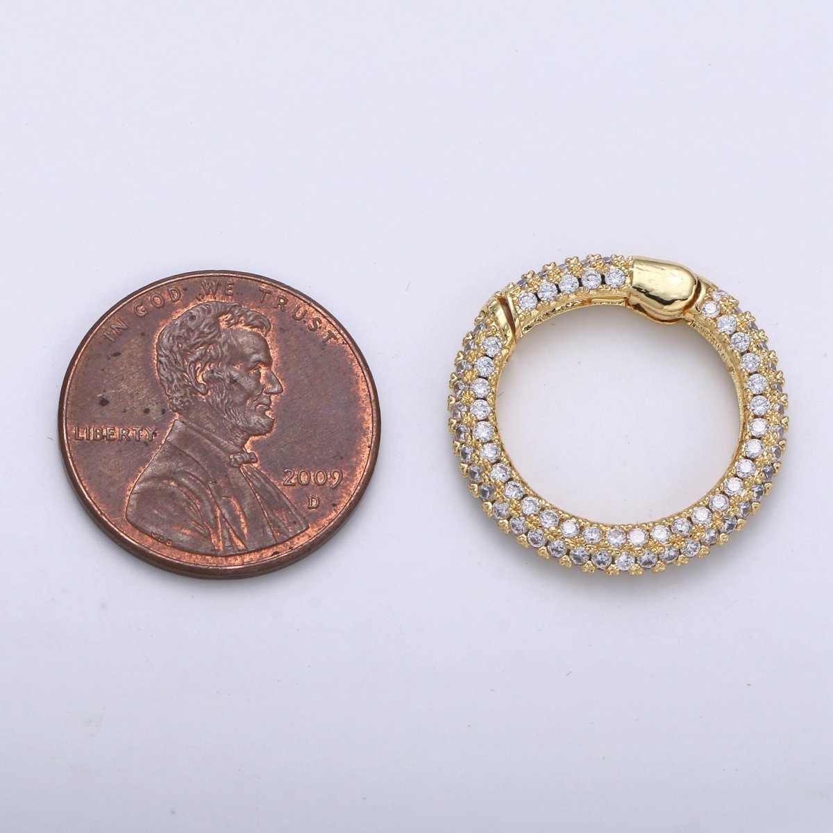 0S 24K Gold-Plated Circle Carabiner, Pave Cubic Zirconia Rhinestones, Hinged Clip Clasp L-185
