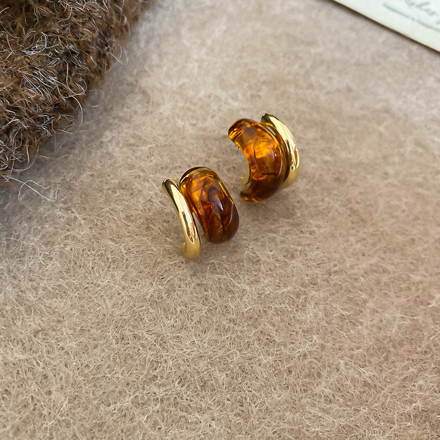Maillard Style Amber Resin Stud Earrings, Irregular Square Gold Border Button Earrings, Vintage Lightweight Fashion Earrings For Women Daily Party Gift