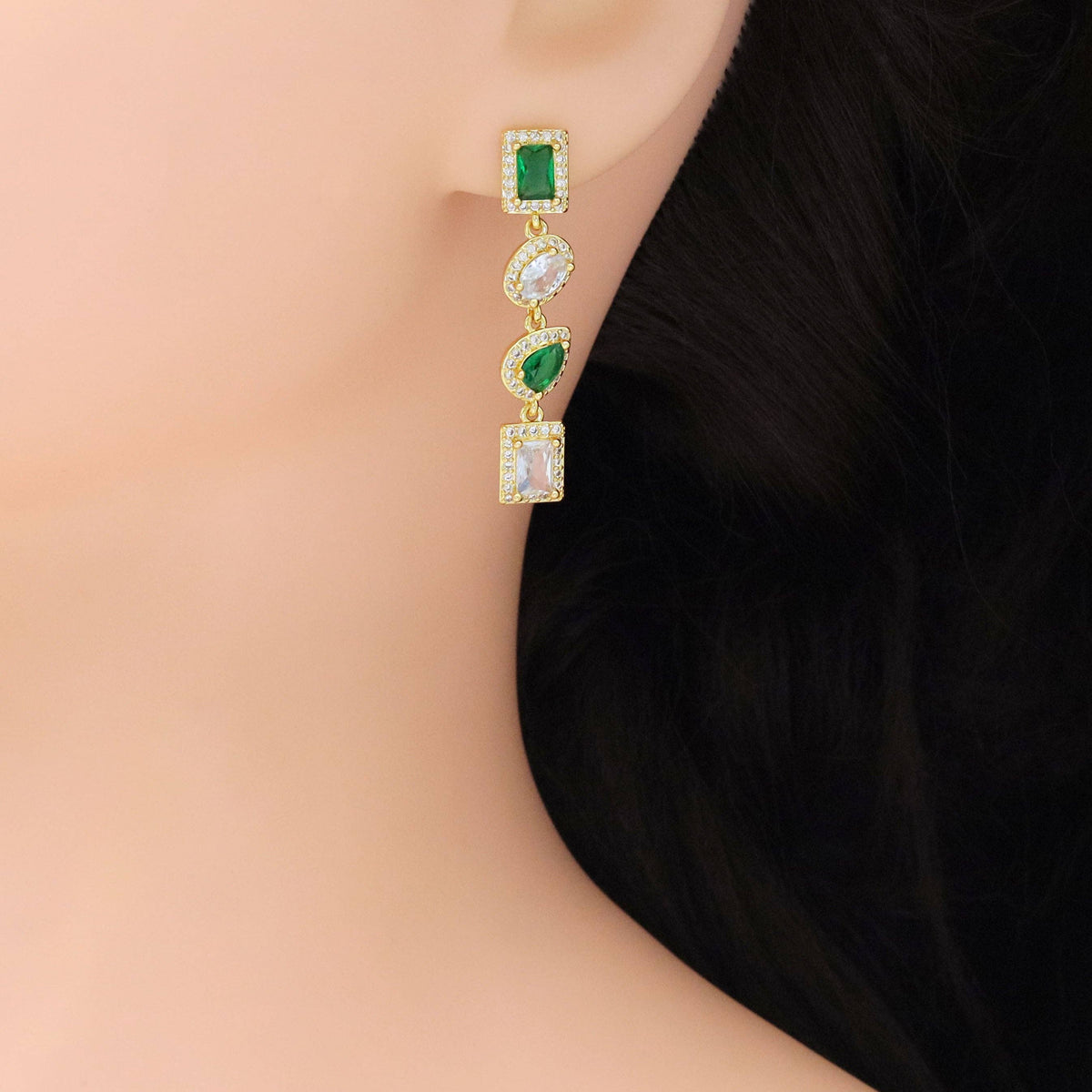 Green Clear CZ rectangle Oval Teardrop Pendant Earrings, Sku