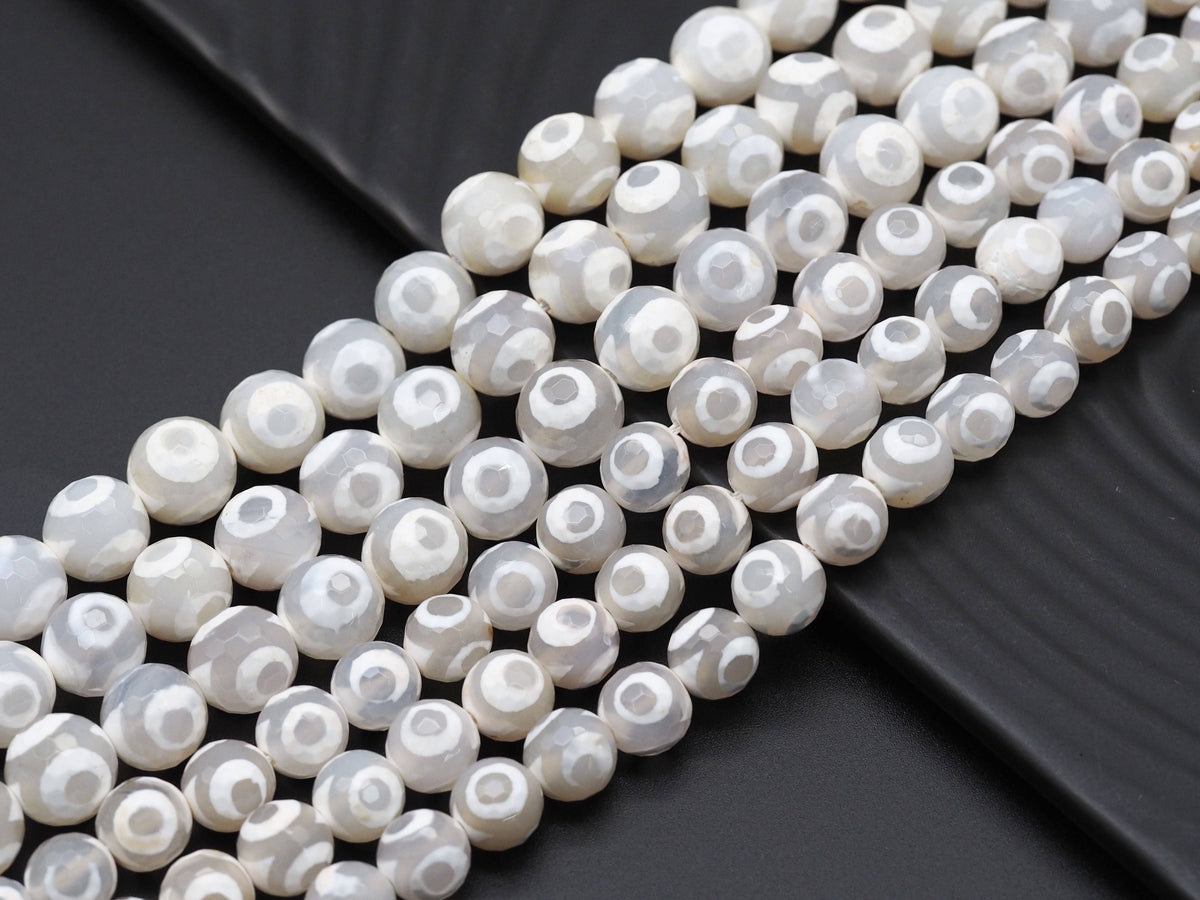 Natural White Evil Eye Tibetan Agate Round Faceted Beads, 10mm/12mm, Sku#UA236