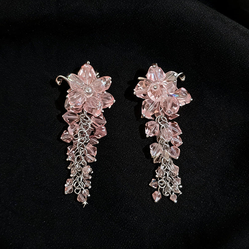 Women Iris Crystal Beaded Tassel Dangle Earrings,Niche Unique Heavy Craft Versatile Fashion Statement Jewelry For Daily Occasion