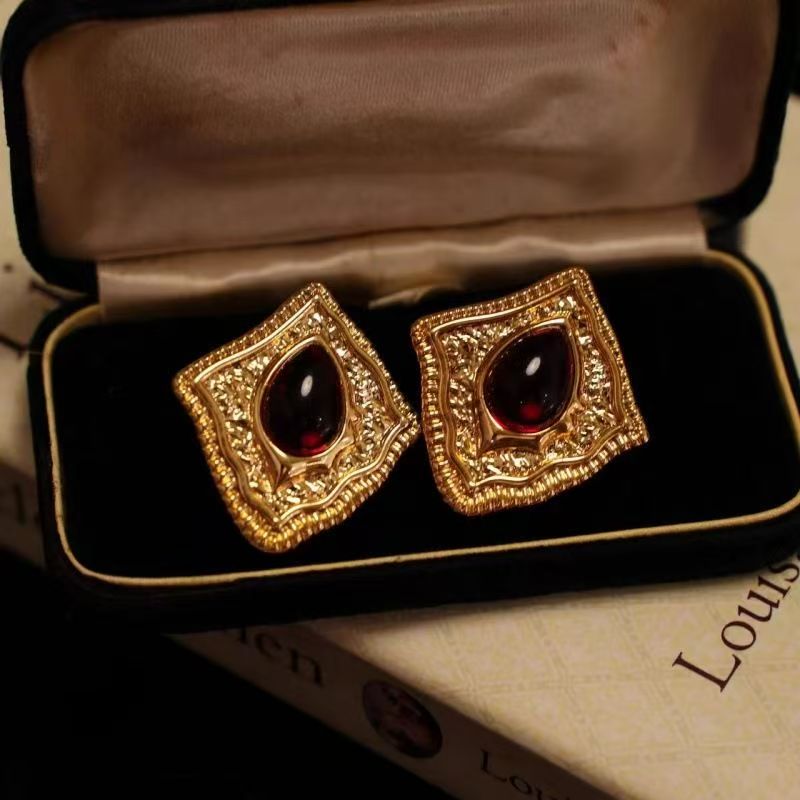 Vintage Red Stone Alloy Earrings, Baroque Gold Tone Studs