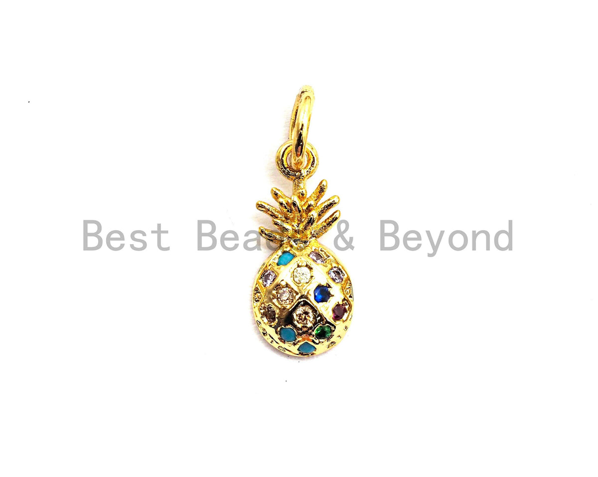 Small CZ Colorful Micro Pave Pineapple Pendant, Pineapple Shaped Pave Pendant, Gold plated Pineapple Charm, 6x13mm, Sku#F760