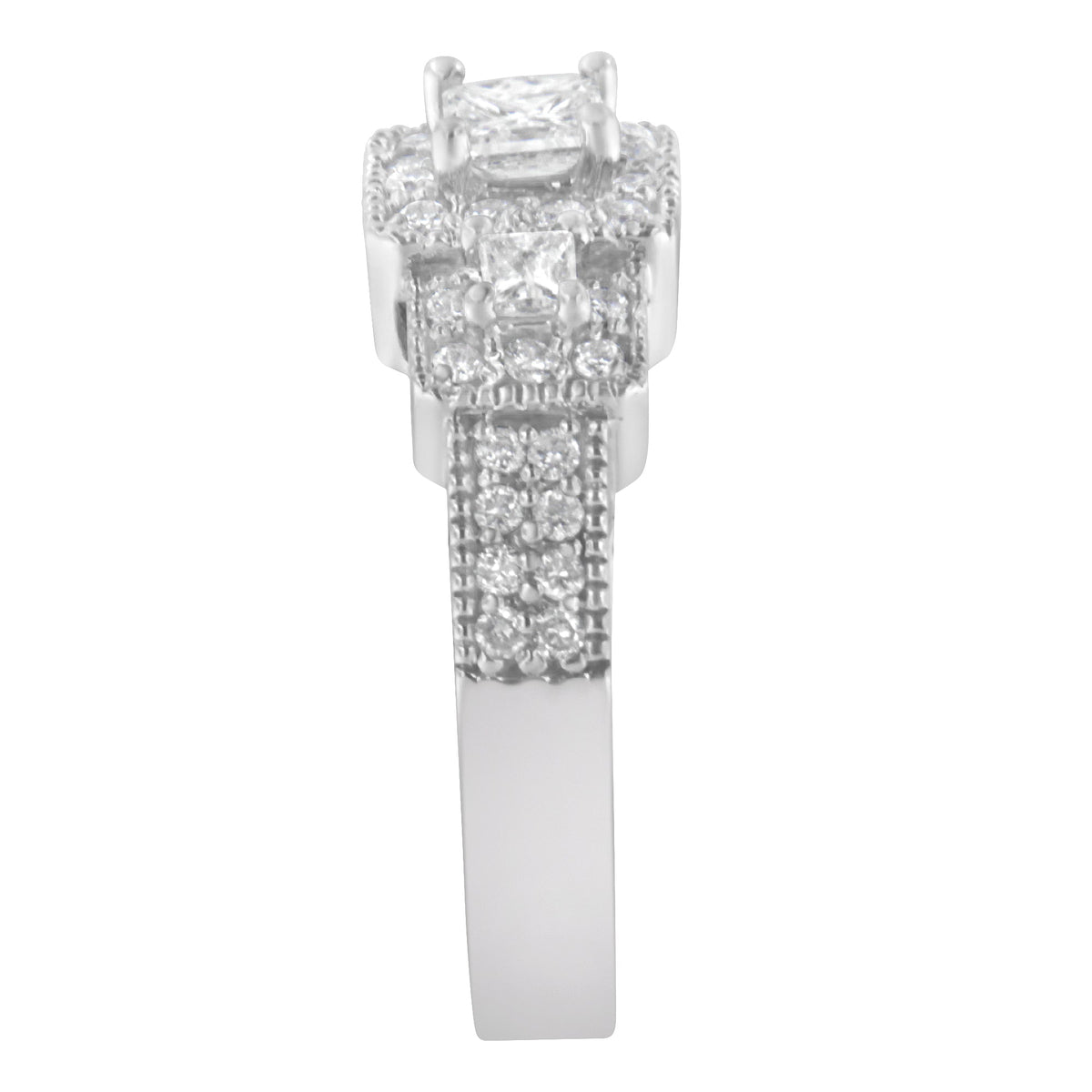 14K White Gold Round and Princess-Cut Diamond Three Stone Ring (1 Cttw, H-I Color, I1-I2 Clarity) - Size 7