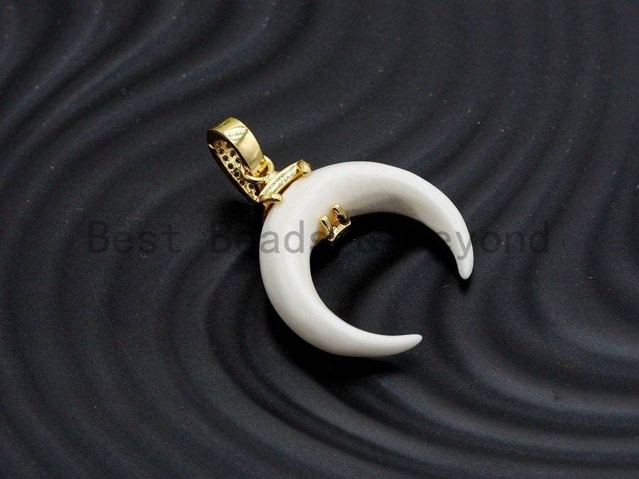 CZ Micro Pave With Ivory OX Horn Pendant ,Gold/Silver/Black/Rose Gold ,Cubic Zirconia Jewelry Findings,25x27mm,sku#F702