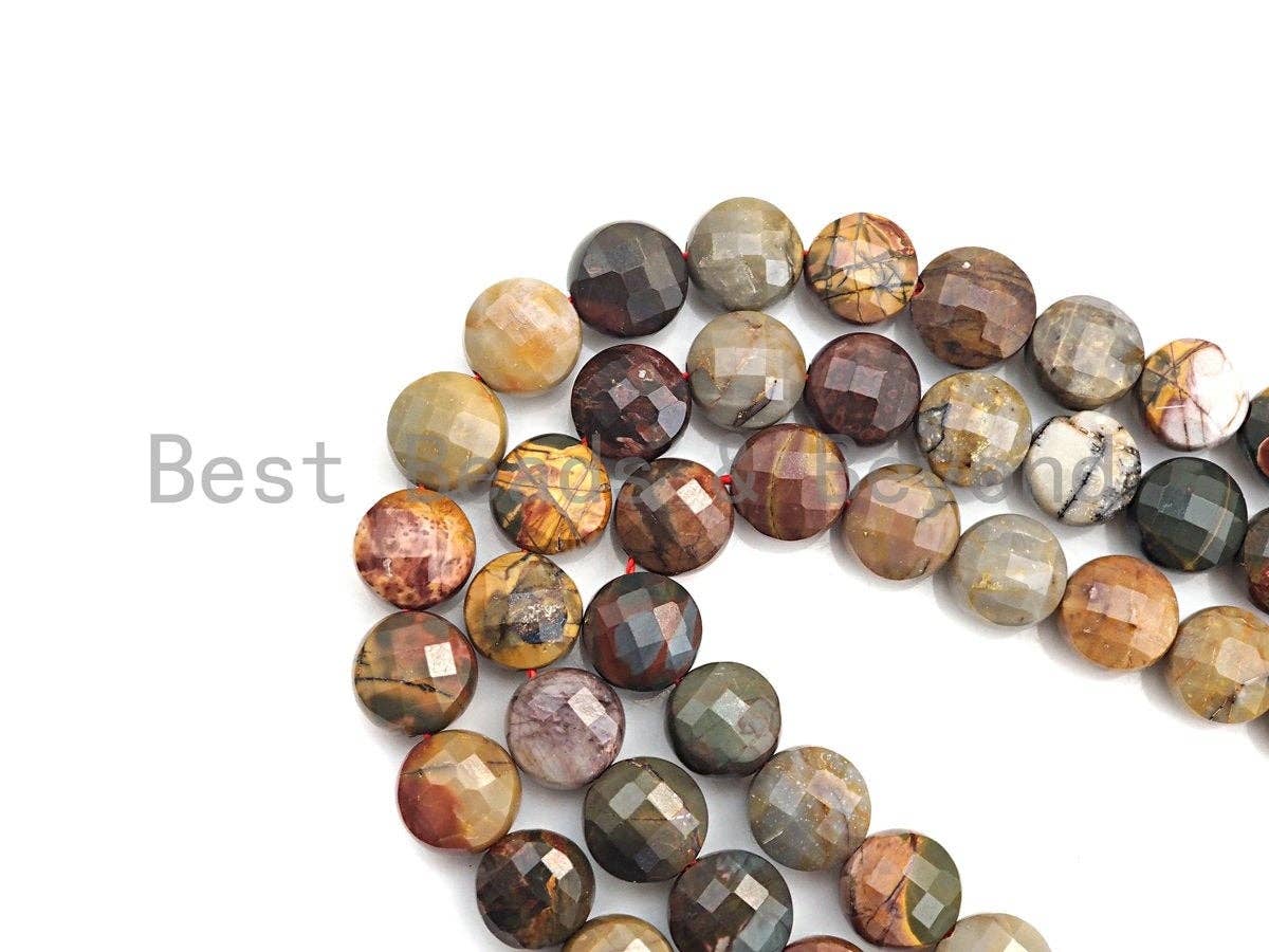 Double Sided Turtle Shell Cut Natural Picasso Jasper Coin Shape beads, 6mm/8mm/10mm Picasso Jasper Beads, 15.5" Full strand, Sku#UA24