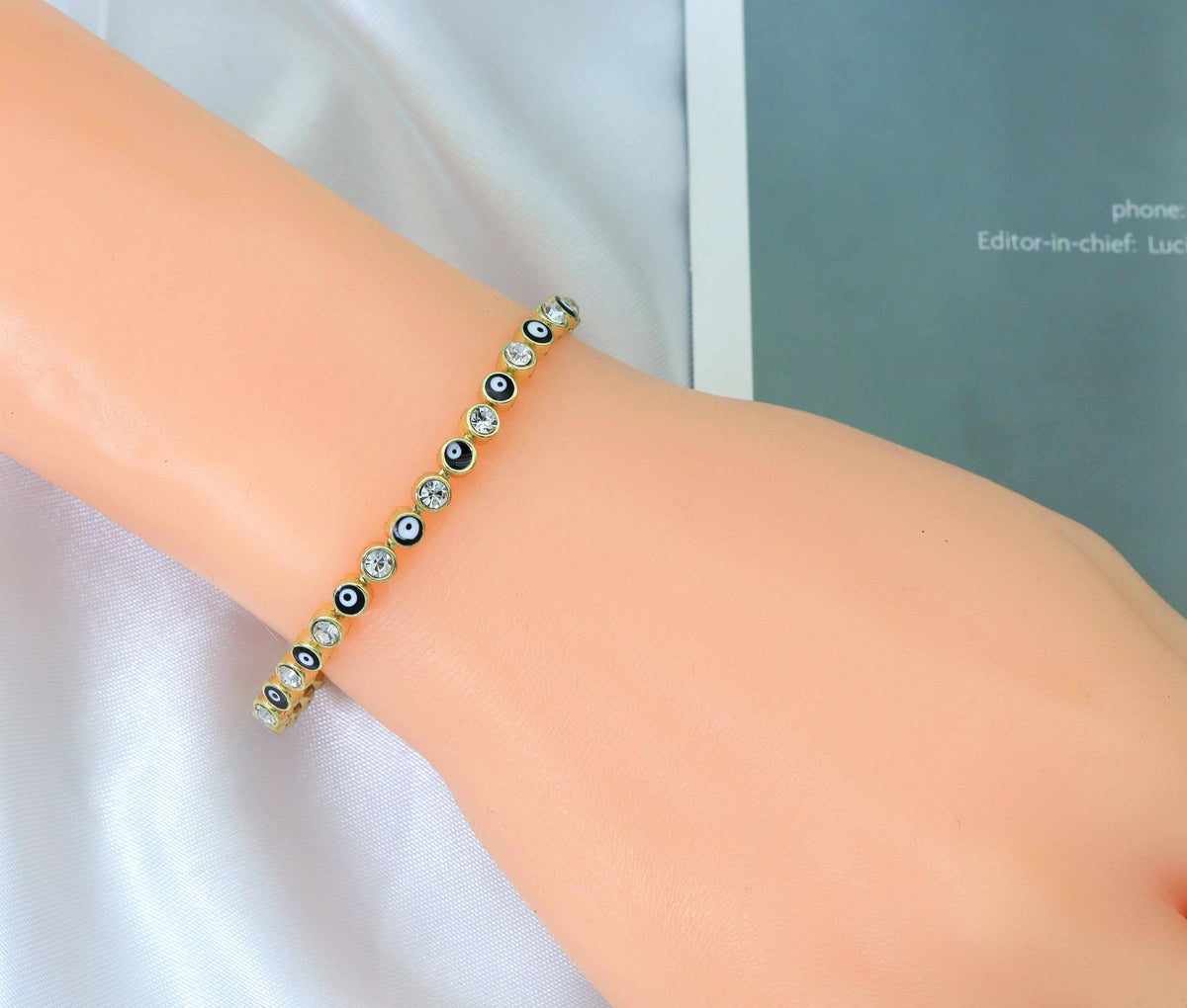 Round CZ and Enamel Evil Eye Adjustable Bracelet with Extender, Sku#LD288