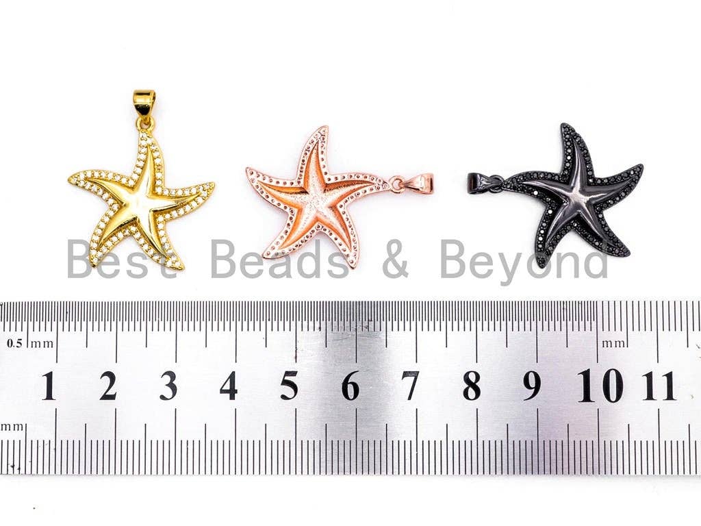 CZ Clear/Black Micro Pave STARFISH Pendant, StarFish Pave Pendant, Gold/Rose Gold/Silver/Gunmetal plated, 25x26mm, Sku#F422