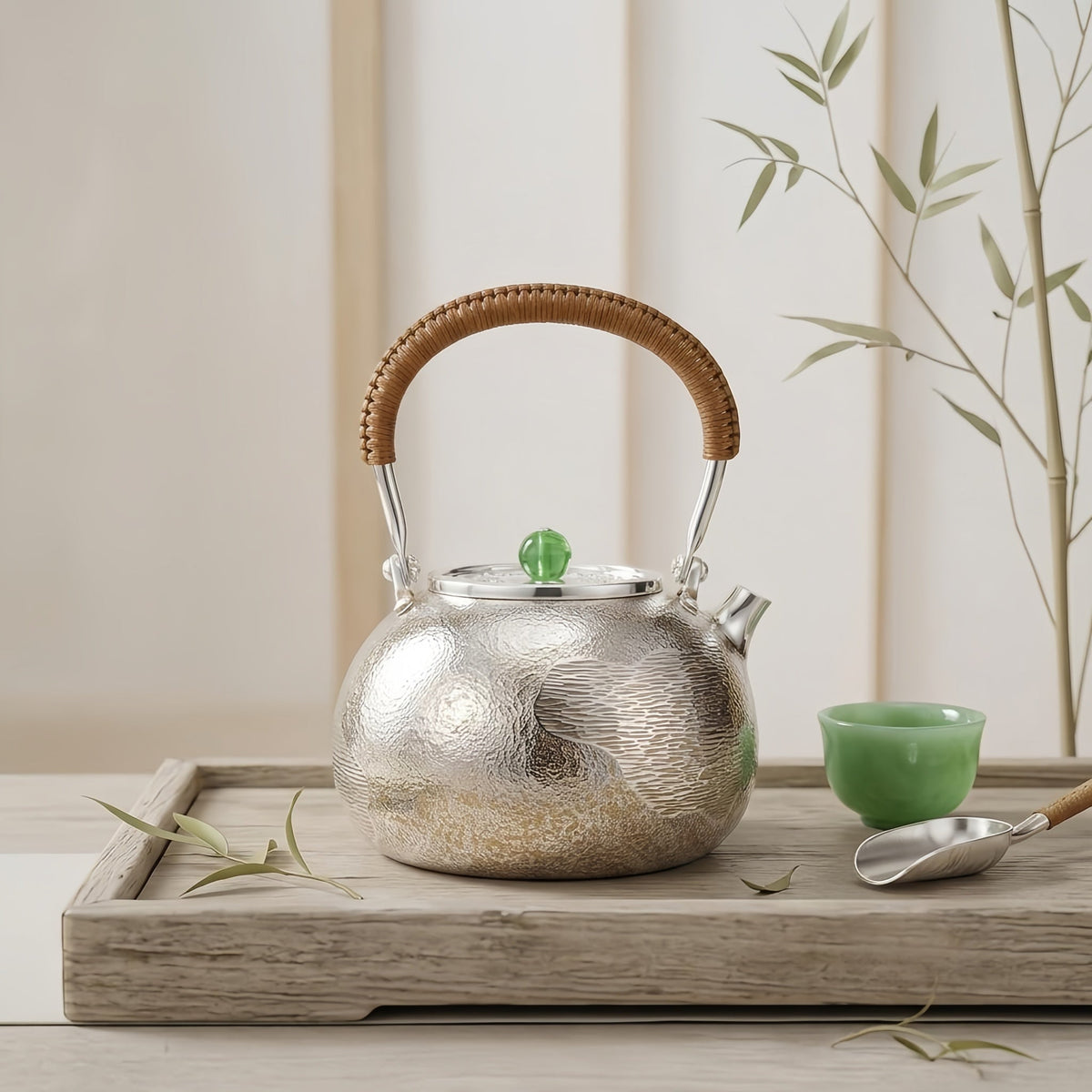 Pure 999 Fine Silver Handcrafted Textured Silver Teapot with Woven Rattan Handle and Green Jade Knob - Handicraft