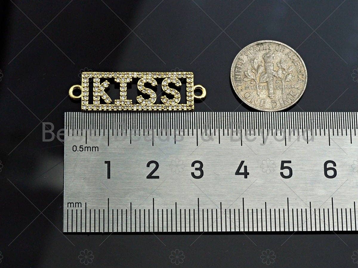 KISS on Rectangle Connector, Kiss Bracelet Link, Rectangle Connector, Cubic Zirconia Pendant, Gold Tone, 10x31mm, Sku#LK85