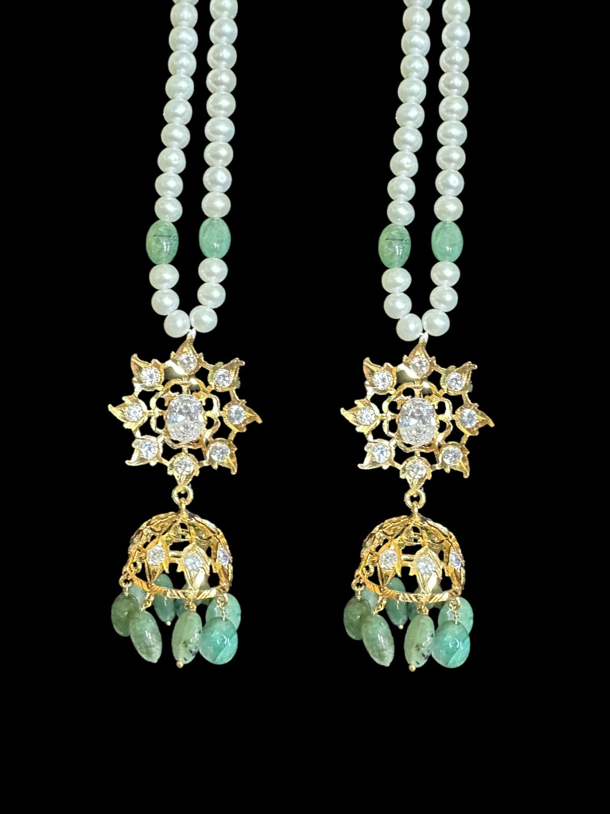 Jadavi lacha with karanphool in gold plated silver with fresh water pearls and emerald beads ( SHIPS IN 4 WEEKS )