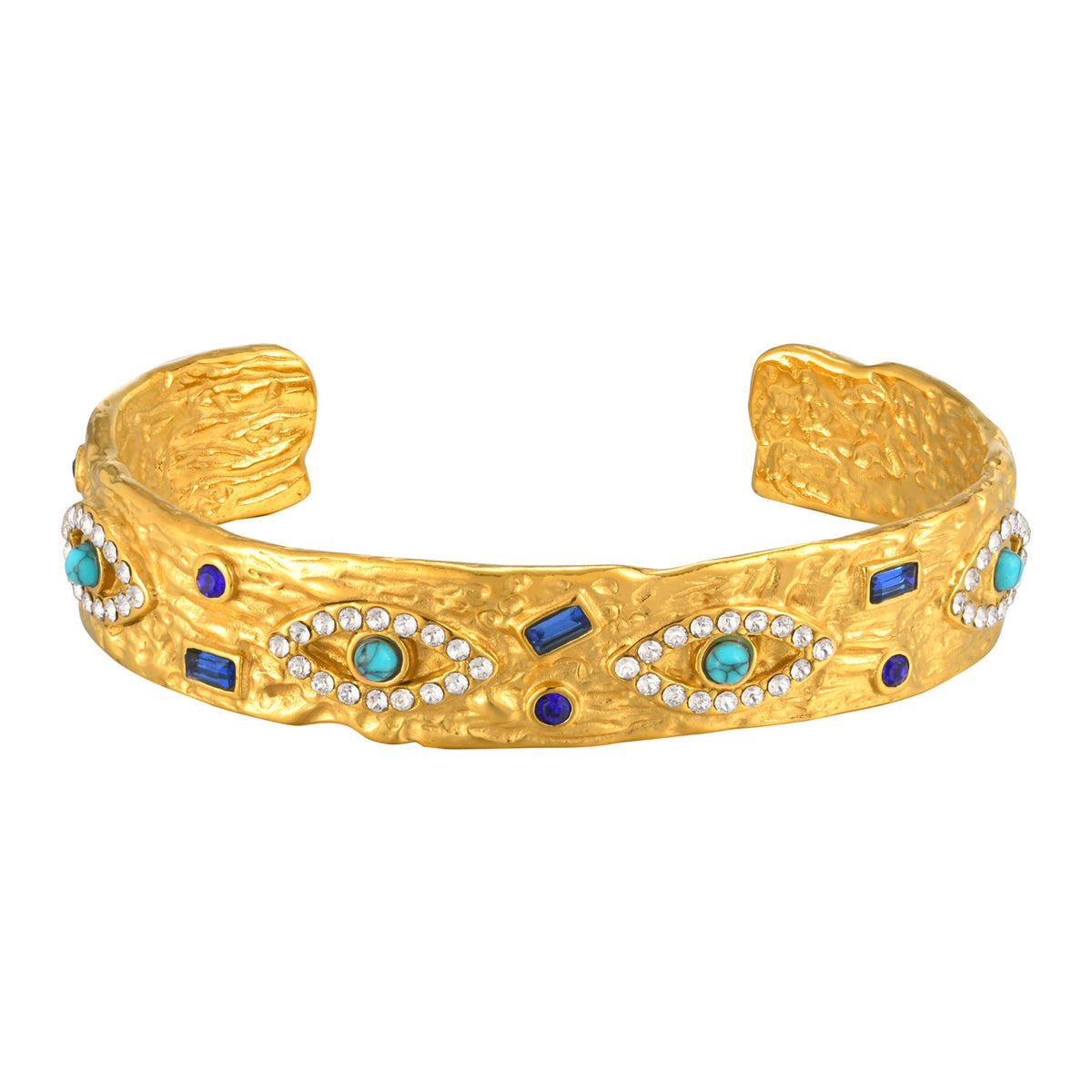 Stainless Steel Zircon Turquoise Eye Open Bracelet In Gold Color