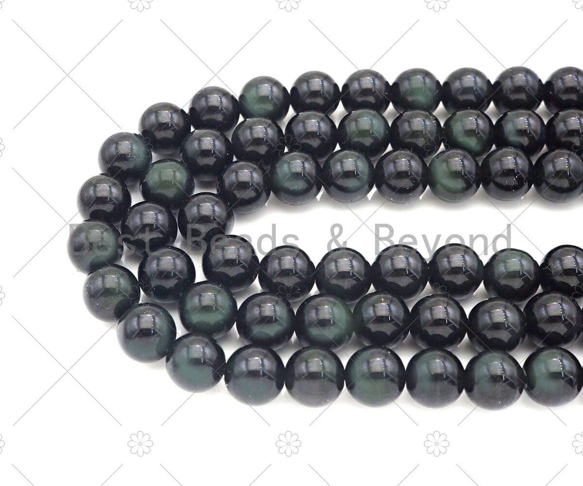 High Quality Natural Green Obsidian, Round Smooth 10mm/12mm Beads, 15.5" Full Strand, Sku#U1132