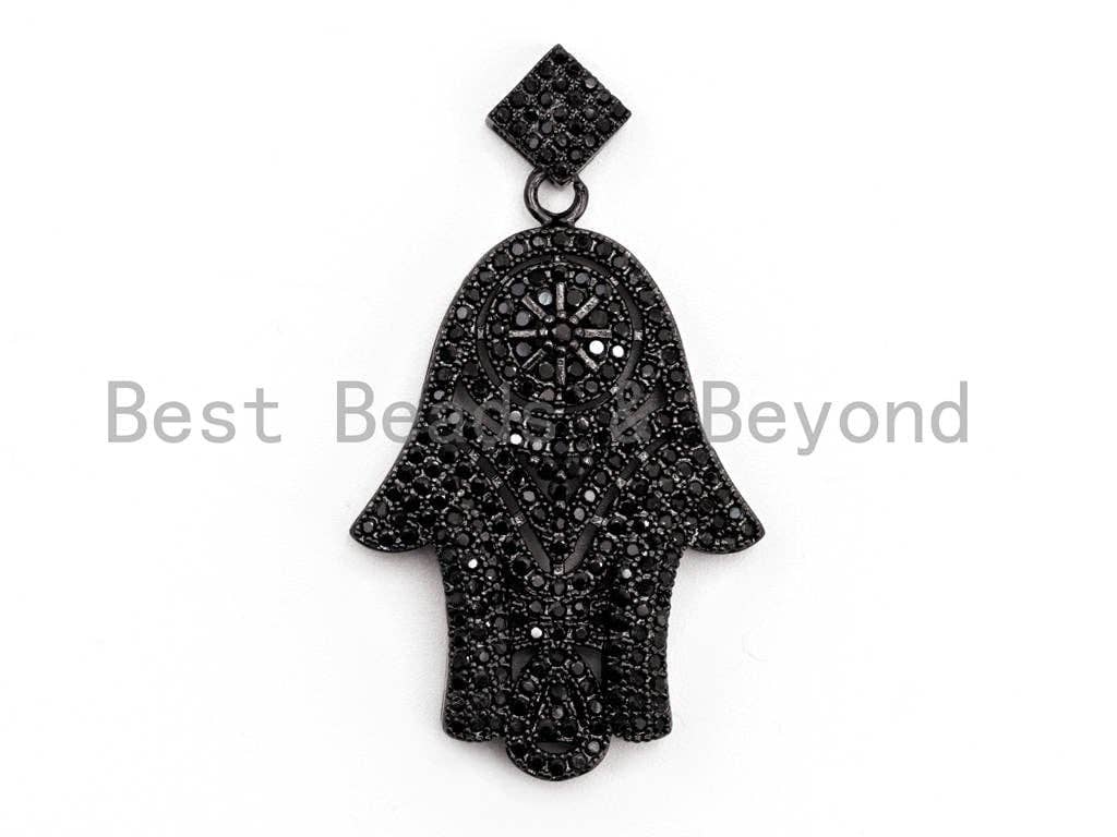 Black CZ Pave On Black Micro Pave Hamsa Hand with Flat Square Bail Pendant, 26x39mm, sku#F378