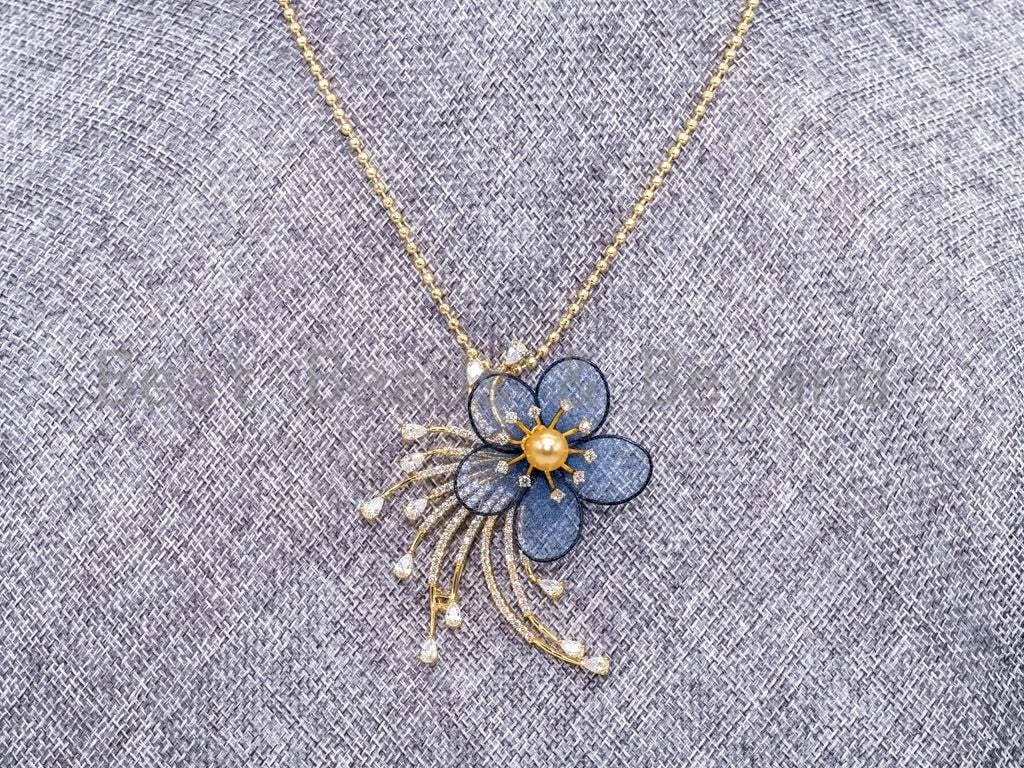 CZ Micro Pave Blue Silk Flower Brooch, p39