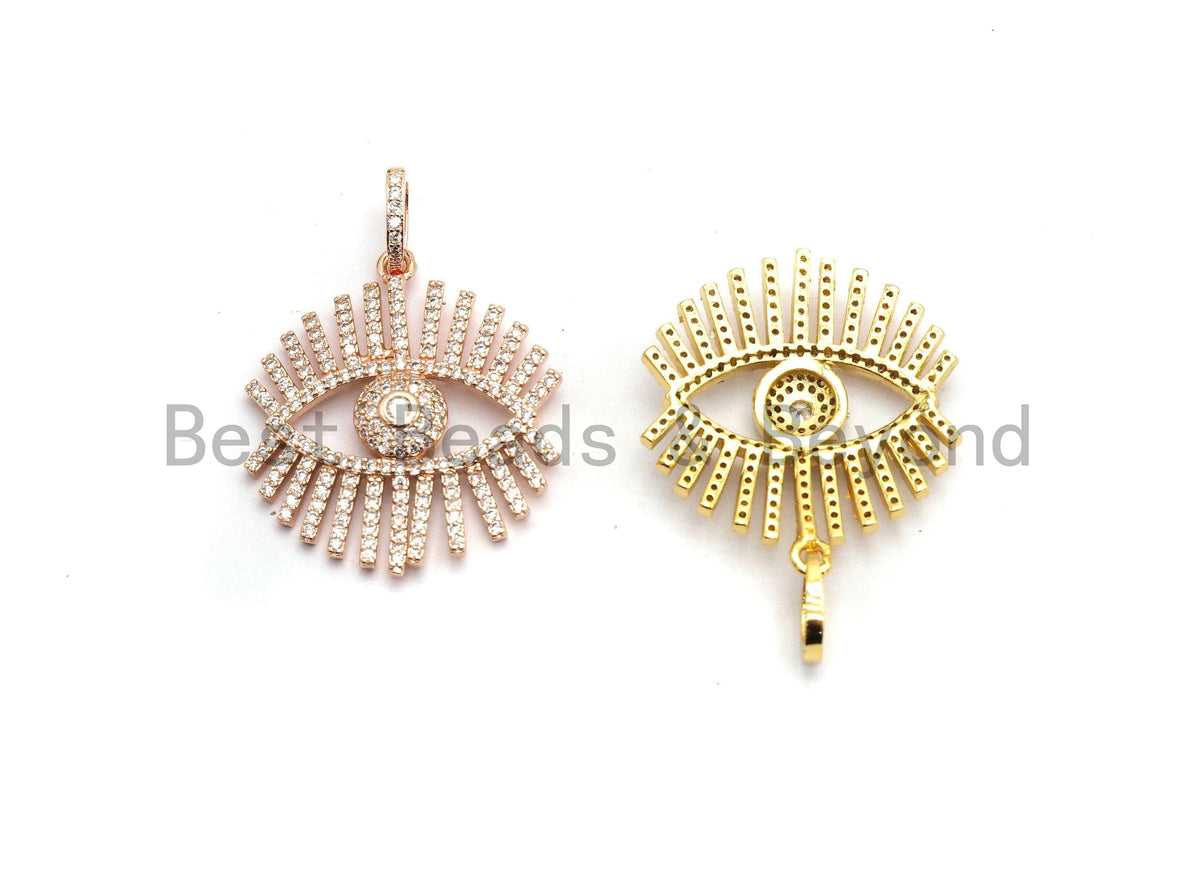 CZ Micro Pave Sparkly Eyelash Charm, Cubic Zirconia Evil Eye Charm Pendant, Rose gold/Gold/Silver/Black Finish, 27x30mm, sku#F652