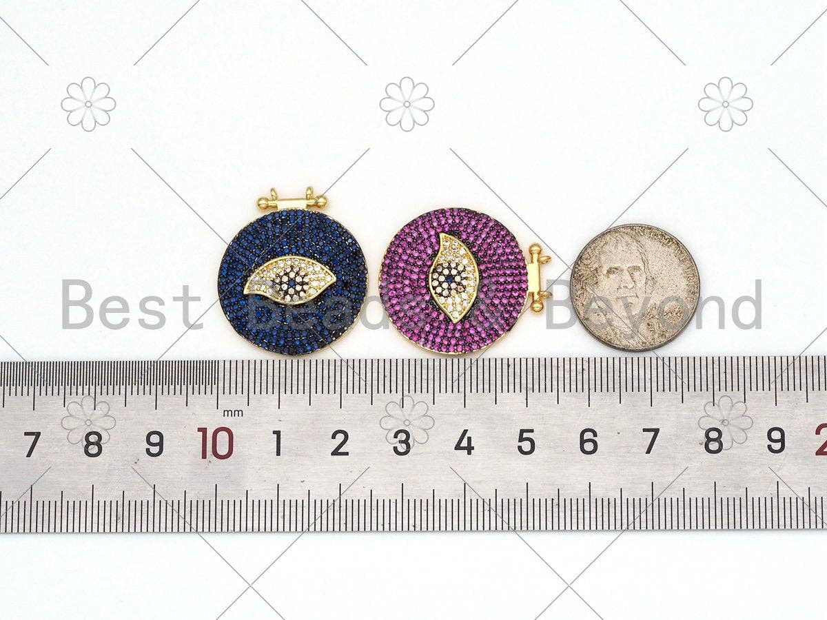 Colorful CZ Micro Pave Evil Eye On Round Coin Shape Pendant, 18K Gold Filled Evil Eye Charm, Necklace Bracelet Charm, 25x28mm,sku#F1430