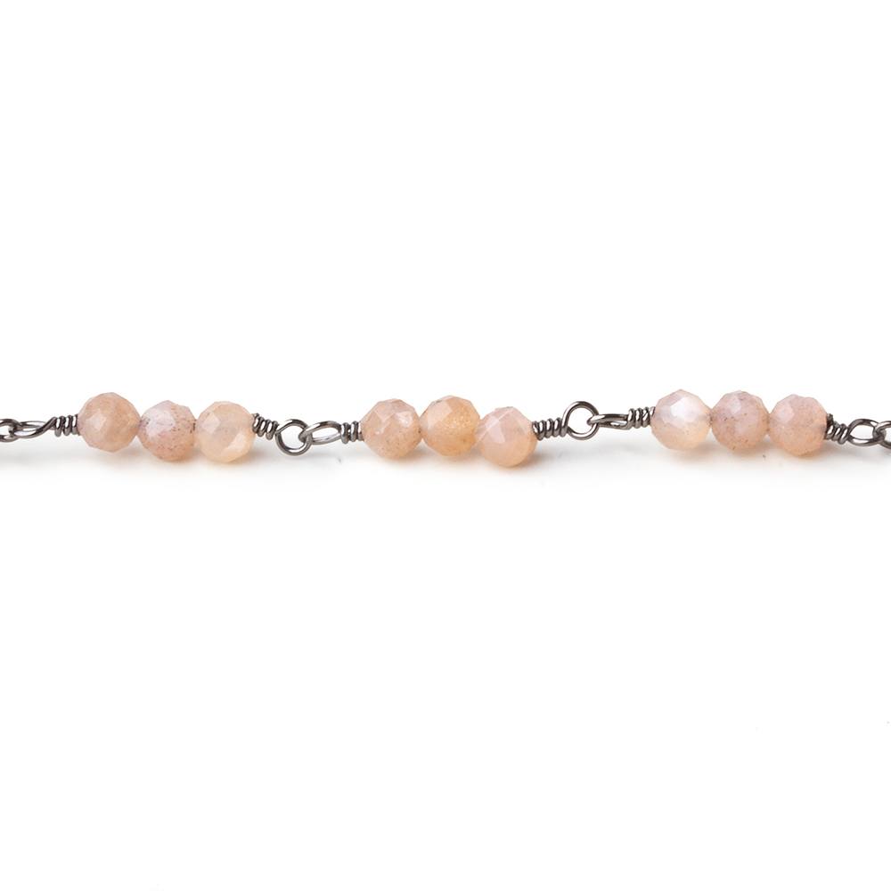 3mm Peach Moonstone micro faceted round Trio Black Gold Chain by the foot 73 beads per