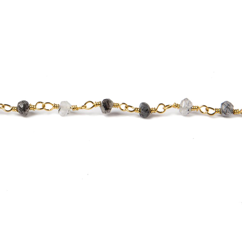 3mm Tourmalinated Quartz faceted rondelle Gold plated Chain by the foot 40 pcs