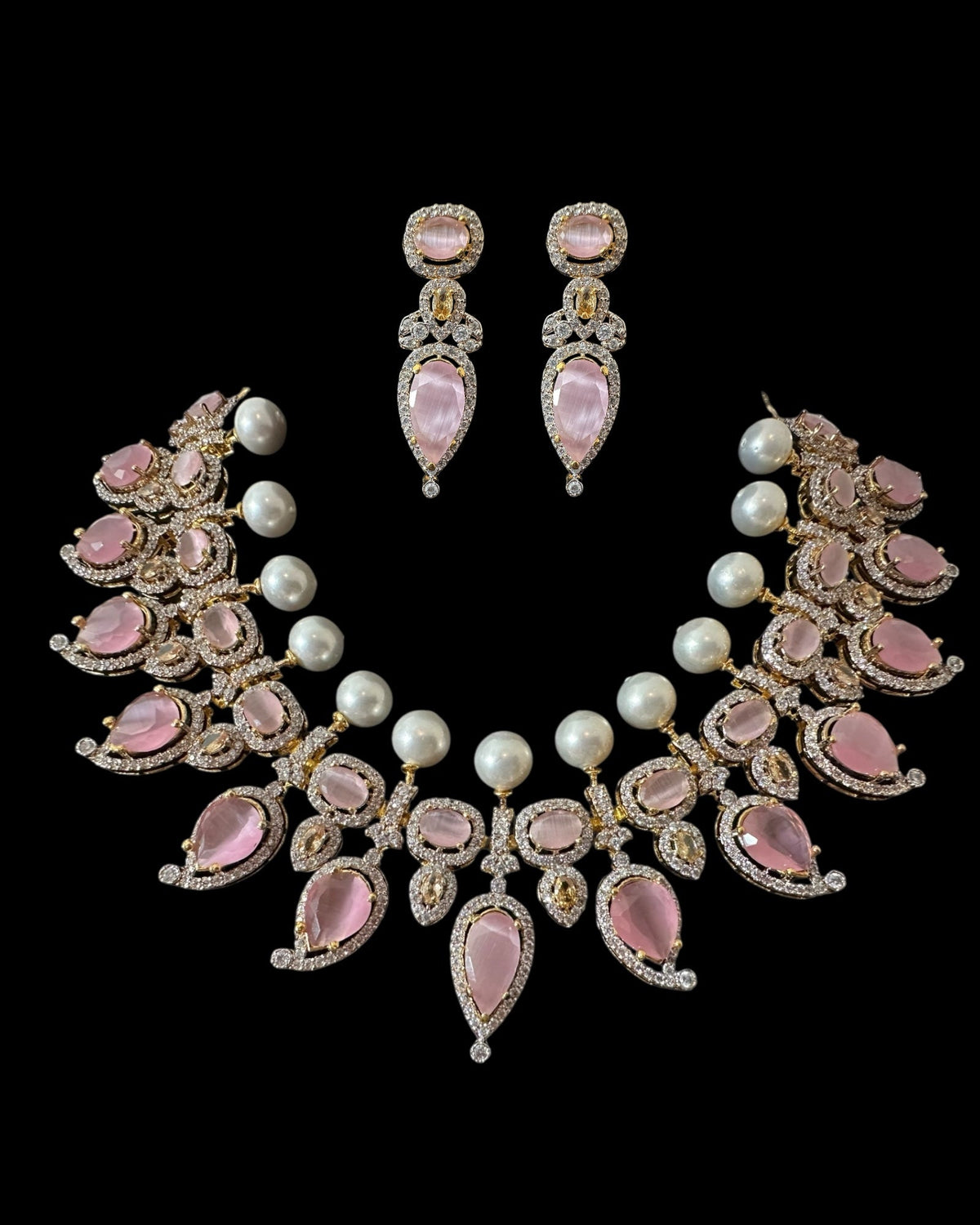 BR462 Anmol necklace set in pink( rose quartz ), Cats eye and pearls ( READY TO SHIP )