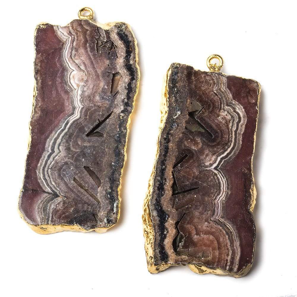 43x23mm Gold Leafed Rhodochrosite Slice Pendant Set of 2 matching pieces