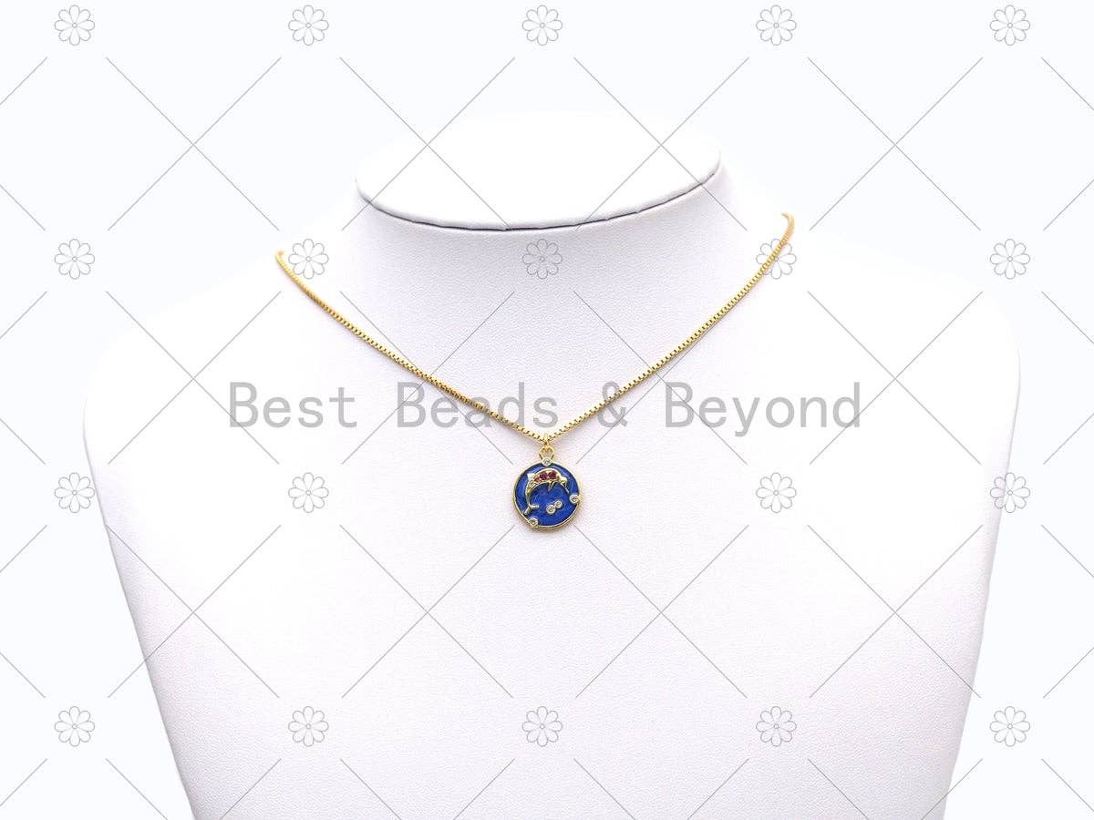 CZ Micro Pave Dolphin On Enamel Round Coin Shape Pendant,18K Gold Filled Dolphin Charm, Necklace Bracelet Charm Pendant, Sku#JD16