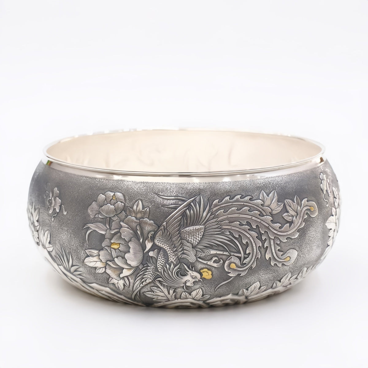 Pure 999 Fine Silver Hand-Engraved Sterling Silver Bowl Featuring Traditional Phoenix and Peony Blossom Motifs - Handicraft