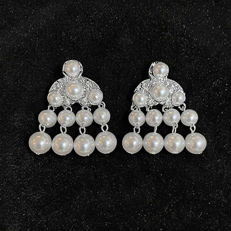 Women French Retro Rhinestone Pearl Tassel Dangle Stud Earrings,Vintage Style Heavy Craft Elegant Versatile Fashion Jewelry For Daily Banquet Occasion