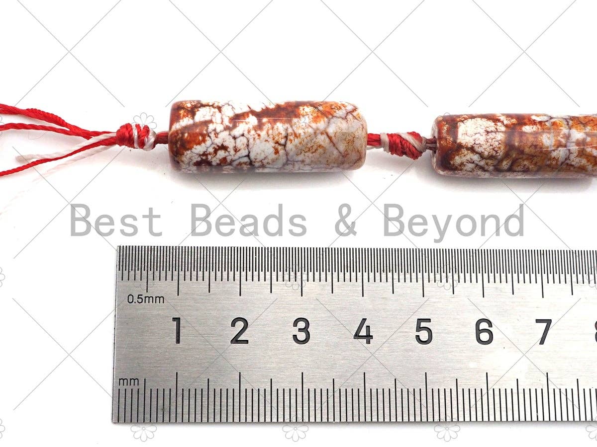 Natural Red White Agate Cylinder Spacer Beads, Tibetan Agate Spacer Beads, Tibetan Dzi Beads, 10x30mm, Sku#U1016