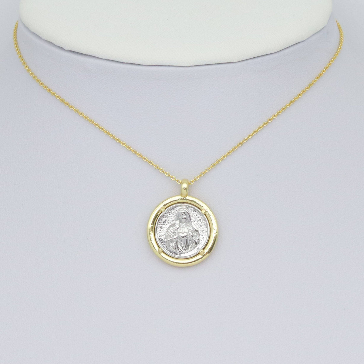 Dual color Virgin Mary Gold Coin Charm Pendant, Sku#LK1016