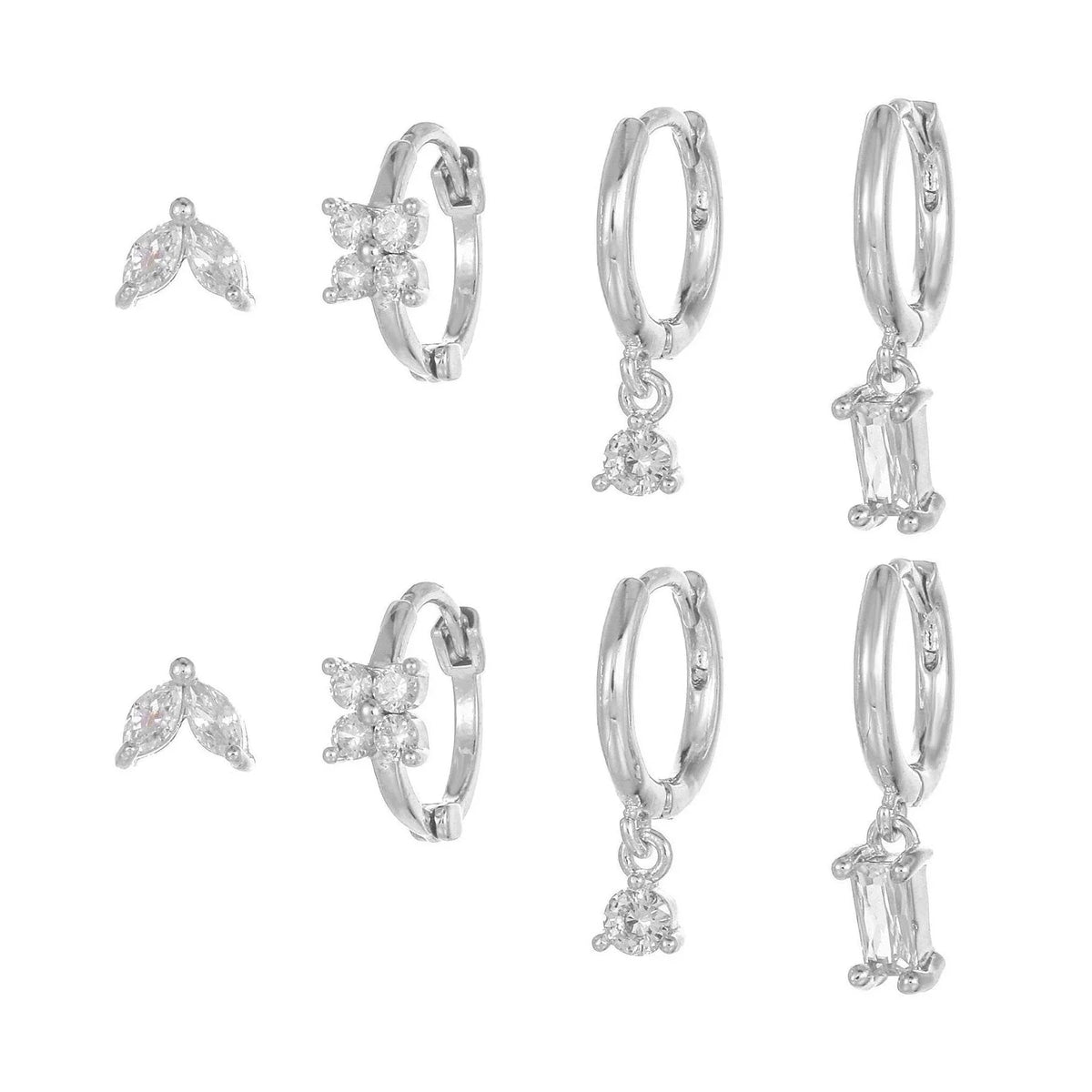 Stacking 4 Pieces Geometric Zircon Stud Earring Set, 18k Gold Plated Ear Studs and Drops, Trendy Sweet Cool Earrings, S925 Needle