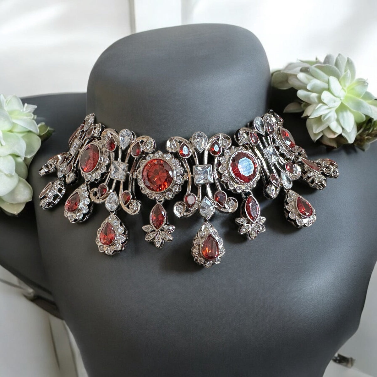 BR485 High quality cz necklace set with tika - coral / orange , silver plated ( READY TO SHIP )