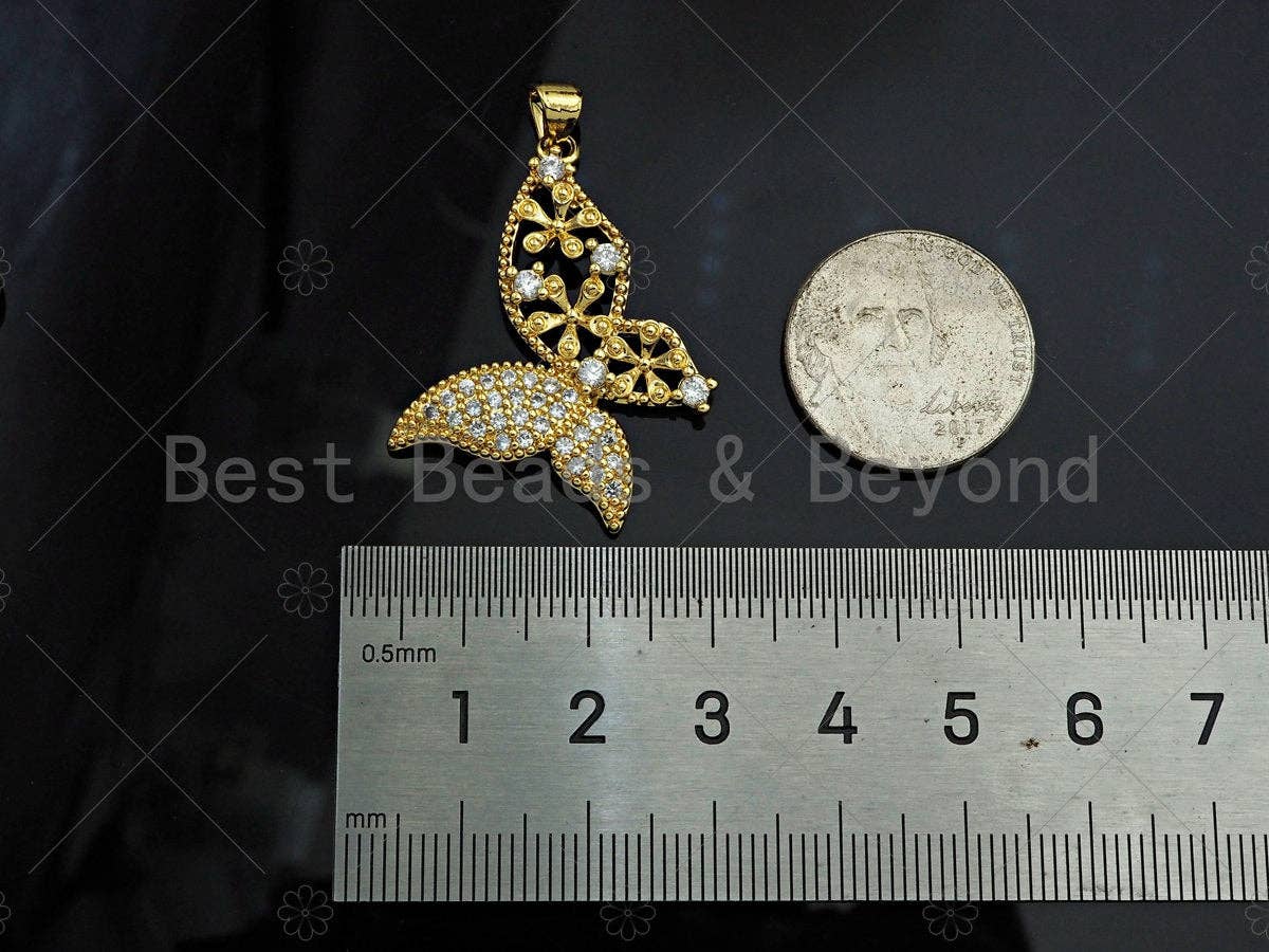 Gold Filled CZ Micro Pave Flower On Butterfly Shape Pendant, 18K Gold Filled ButterflyCharm, Necklace Bracelet Pendant,28x35mm,Sku#LD100