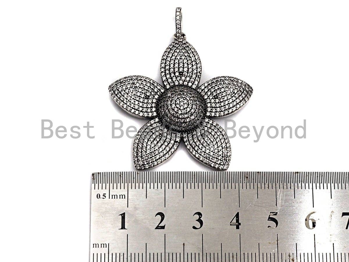 CZ Micro Pave Sakura Flower Pendant, Antique Silver Tone, Clear Cubic Zirconia Big Pave Flower Charm Pendant, 40x41mm,sku#F999C